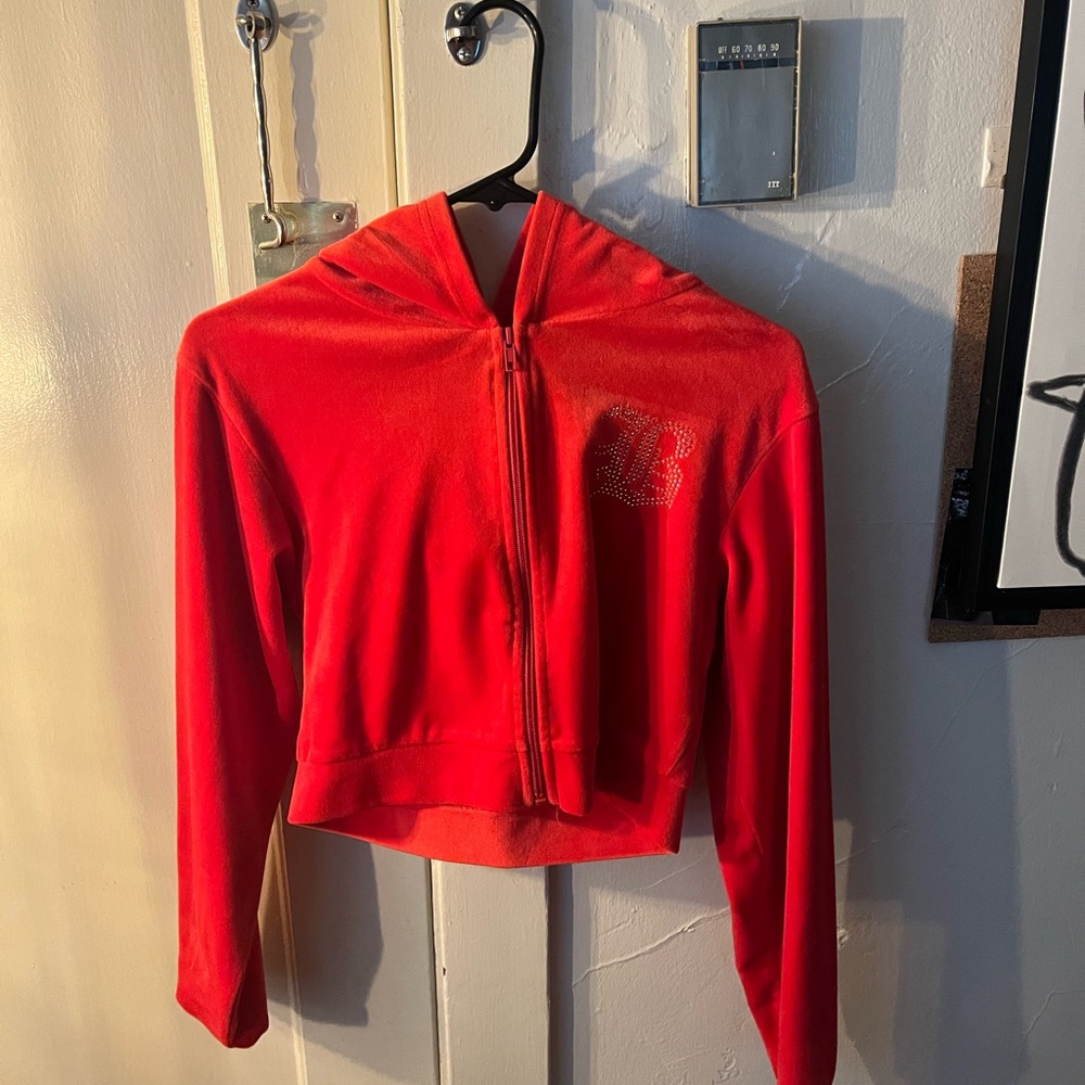 Red Zip-Up Hoodie with Rhinestone Detail
